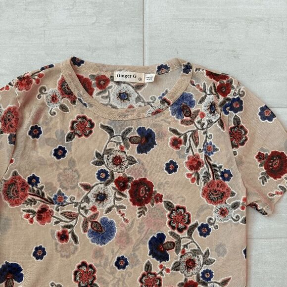 Ginger G Blouse Top Tan Floral Short Sleeve Stretch Unique Boho Chic Festival S - Picture 4 of 6